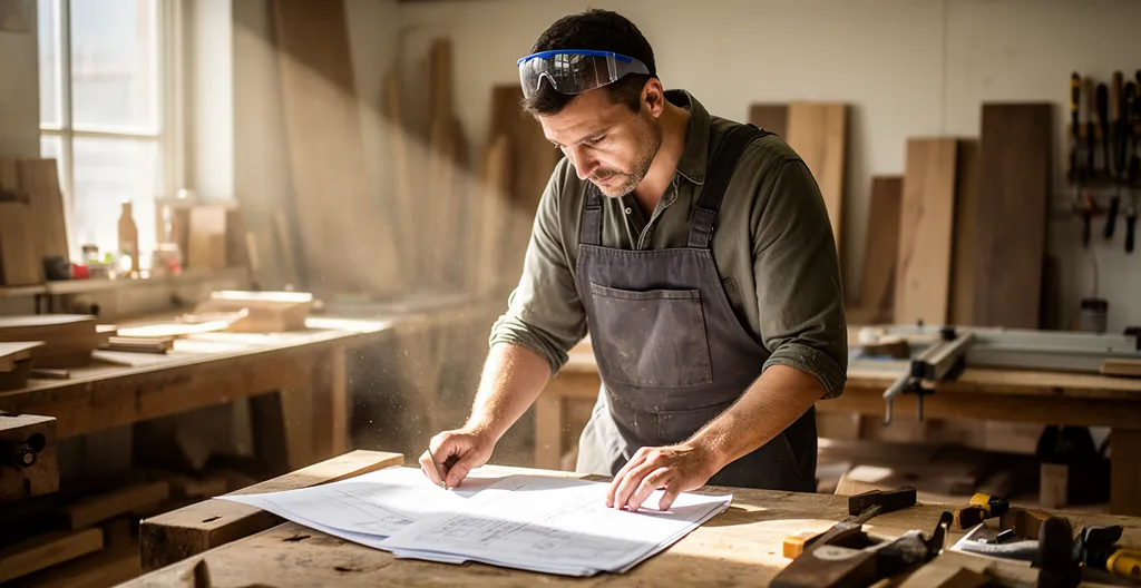 Un menuisier examine attentivement des documents dans un atelier lumineux