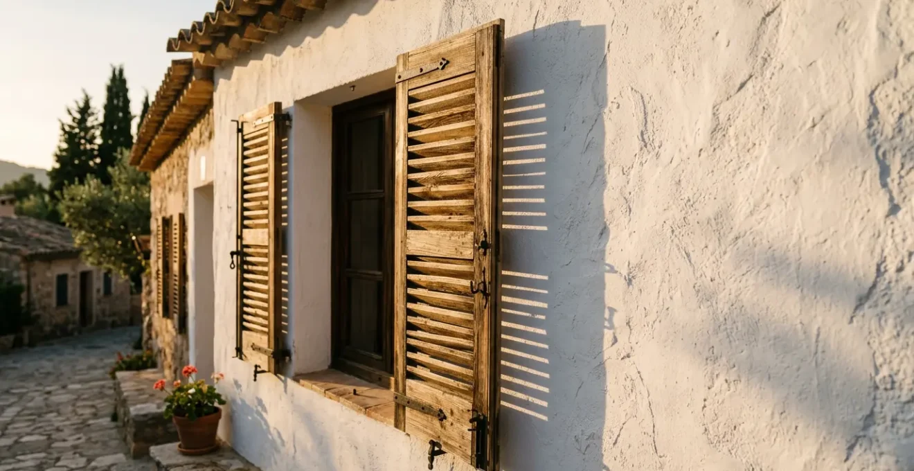 Persiennes pliantes en bois sur façade méditerranéenne créant une ventilation naturelle