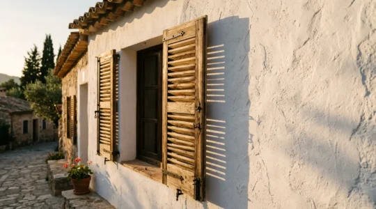 Persiennes pliantes en bois sur façade méditerranéenne créant une ventilation naturelle