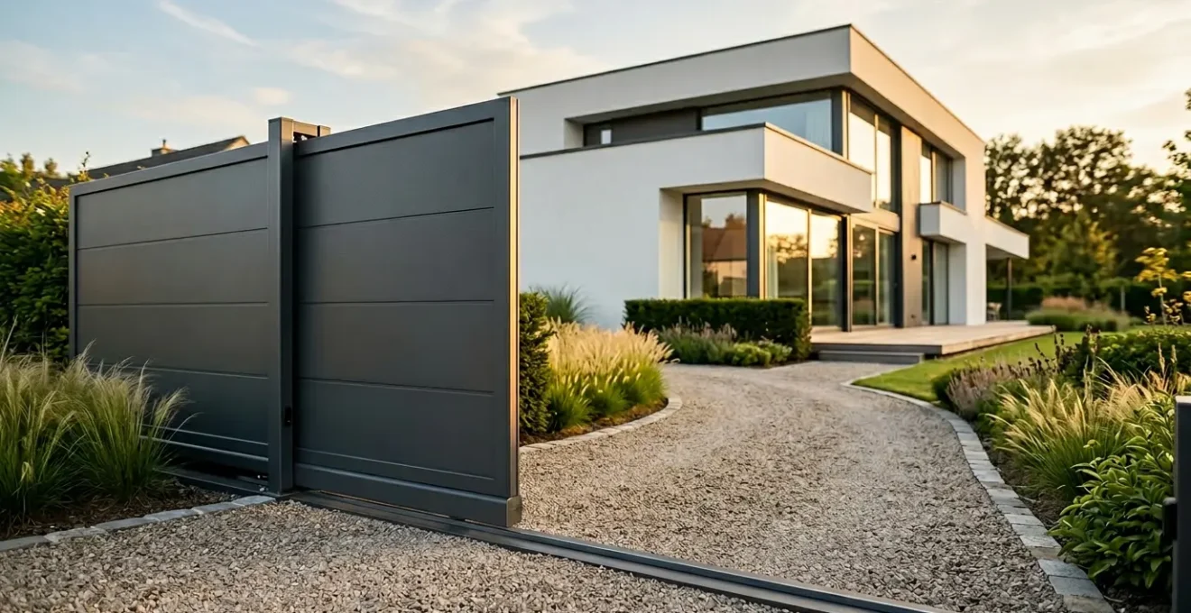 Portail coulissant en aluminium anthracite moderne devant une maison contemporaine au crépuscule