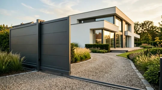 Portail coulissant en aluminium anthracite moderne devant une maison contemporaine au crépuscule