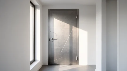 Vue de l'intérieur d'un appartement moderne montrant une porte blindée sécurisée avec ses éléments de verrouillage sophistiqués