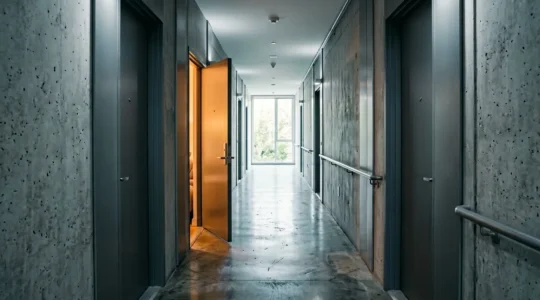 Couloir d'immeuble moderne avec portes blindées coupe-feu alignées