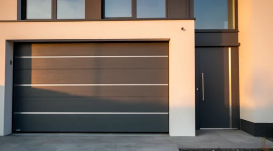 Façade moderne avec porte de garage sectionnelle grise et porte d'entrée coordonnée
