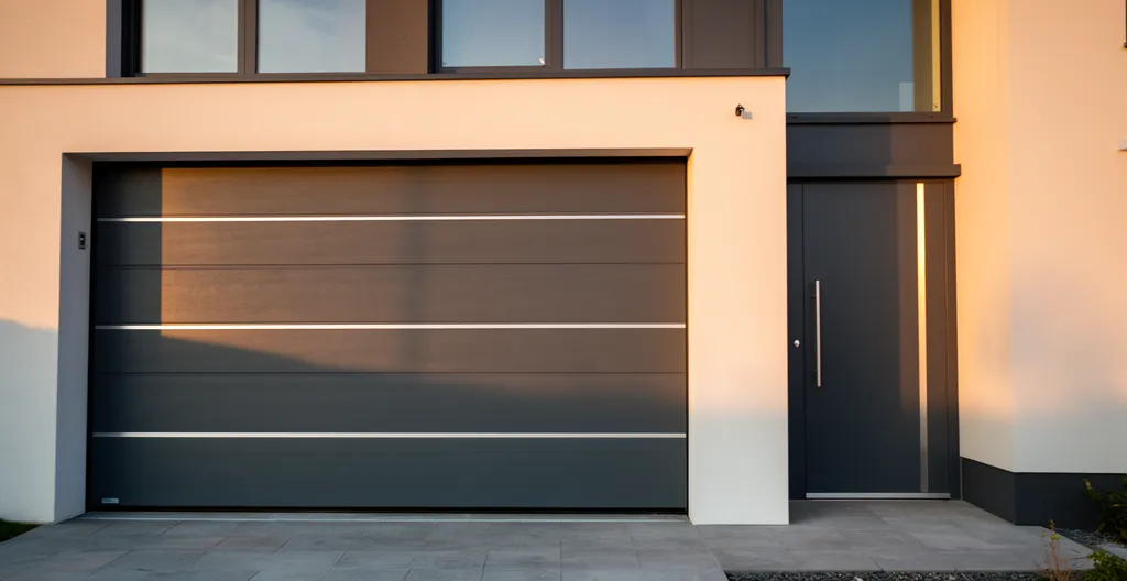 Façade moderne avec porte de garage sectionnelle grise et porte d'entrée coordonnée
