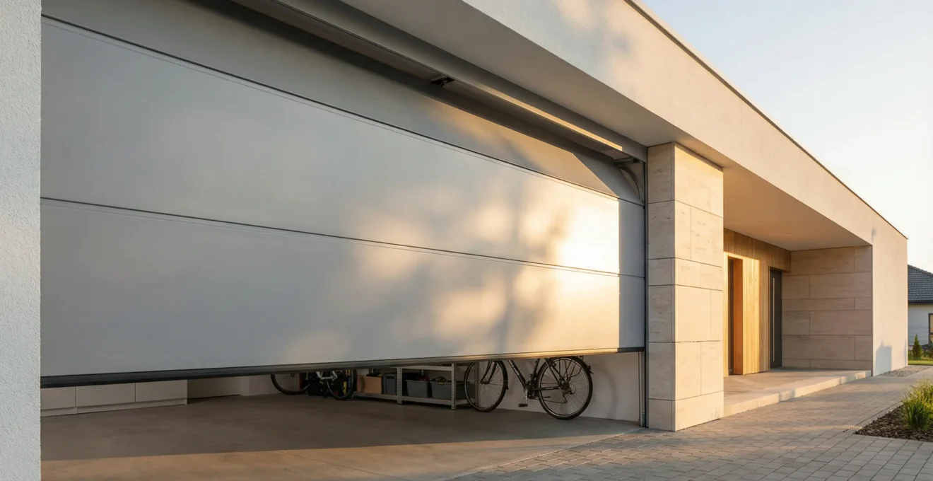 Porte de garage sectionnelle moderne avec finition lisse et ouverture automatique dans un garage résidentiel