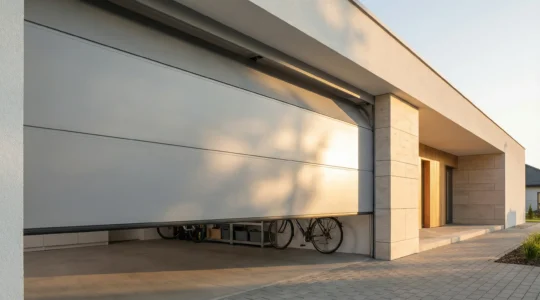 Porte de garage sectionnelle moderne avec finition lisse et ouverture automatique dans un garage résidentiel