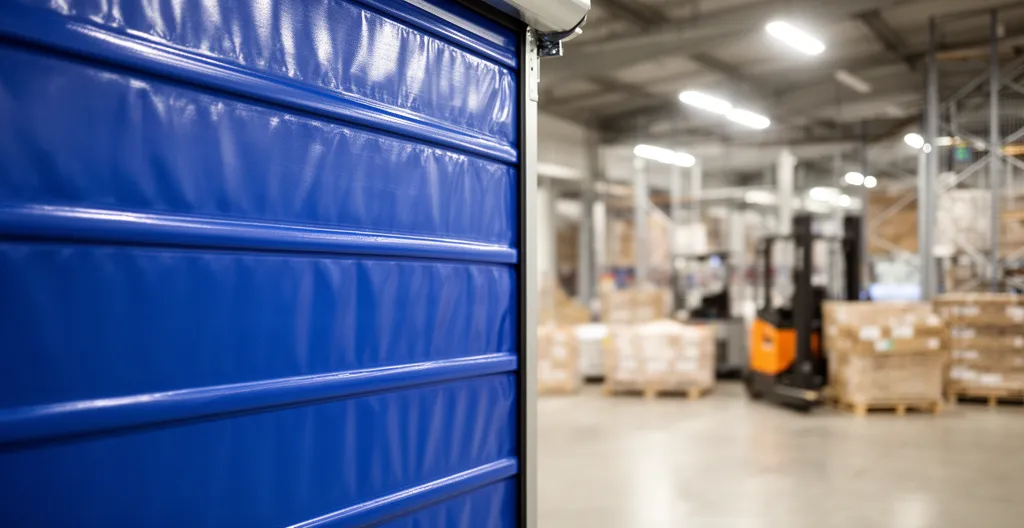 Porte rapide industrielle souple avec tablier PVC dans environnement logistique