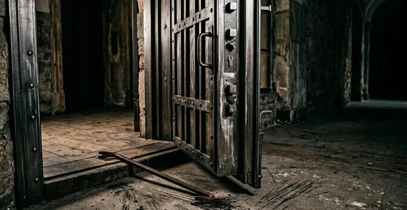 Porte d'entrée avec serrure multipoints visible et pied-de-biche posé au sol, illustrant la résistance aux effractions