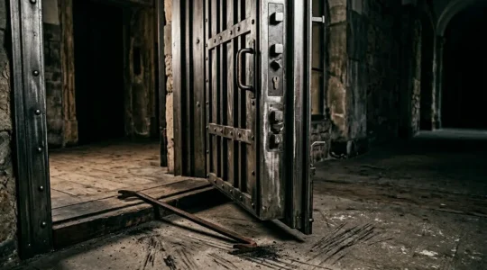 Porte d'entrée avec serrure multipoints visible et pied-de-biche posé au sol, illustrant la résistance aux effractions