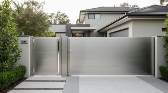 Portillon en aluminium moderne avec système d'ouverture automatique dans une entrée de jardin résidentiel