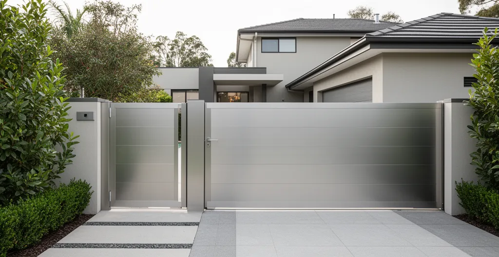 Portillon en aluminium moderne avec système d'ouverture automatique dans une entrée de jardin résidentiel