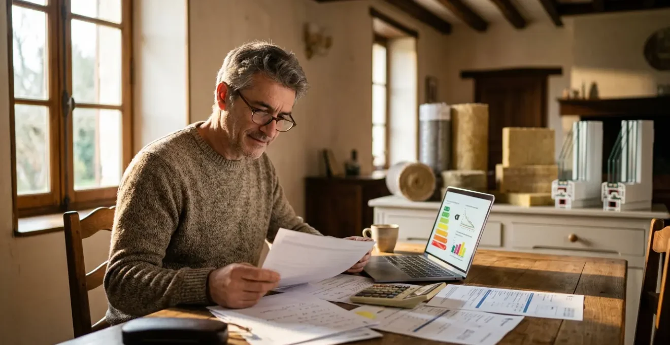 Propriétaire étudiant attentivement les documents d'aides à la rénovation énergétique dans sa maison