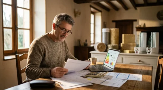 Propriétaire étudiant attentivement les documents d'aides à la rénovation énergétique dans sa maison