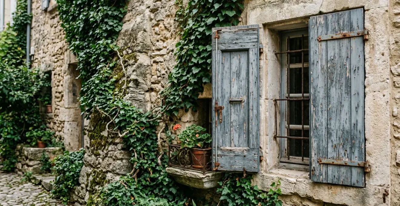 Contrevents en bois ancien avec détails de menuiserie sur une façade de maison de caractère