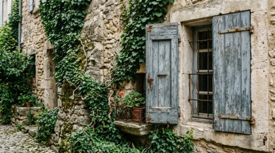 Contrevents en bois ancien avec détails de menuiserie sur une façade de maison de caractère