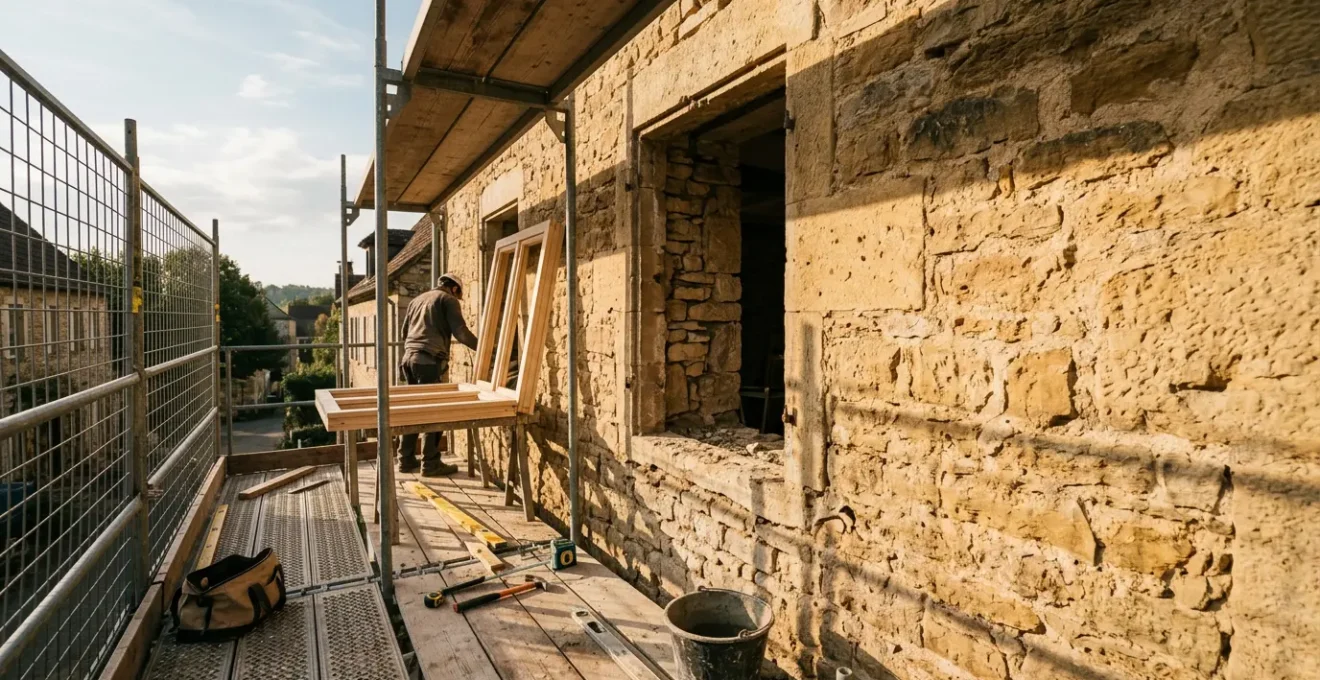 Chantier de rénovation de fenêtres en dépose totale sur une façade ancienne en pierre
