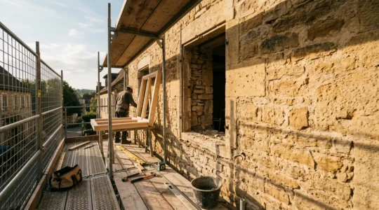 Chantier de rénovation de fenêtres en dépose totale sur une façade ancienne en pierre