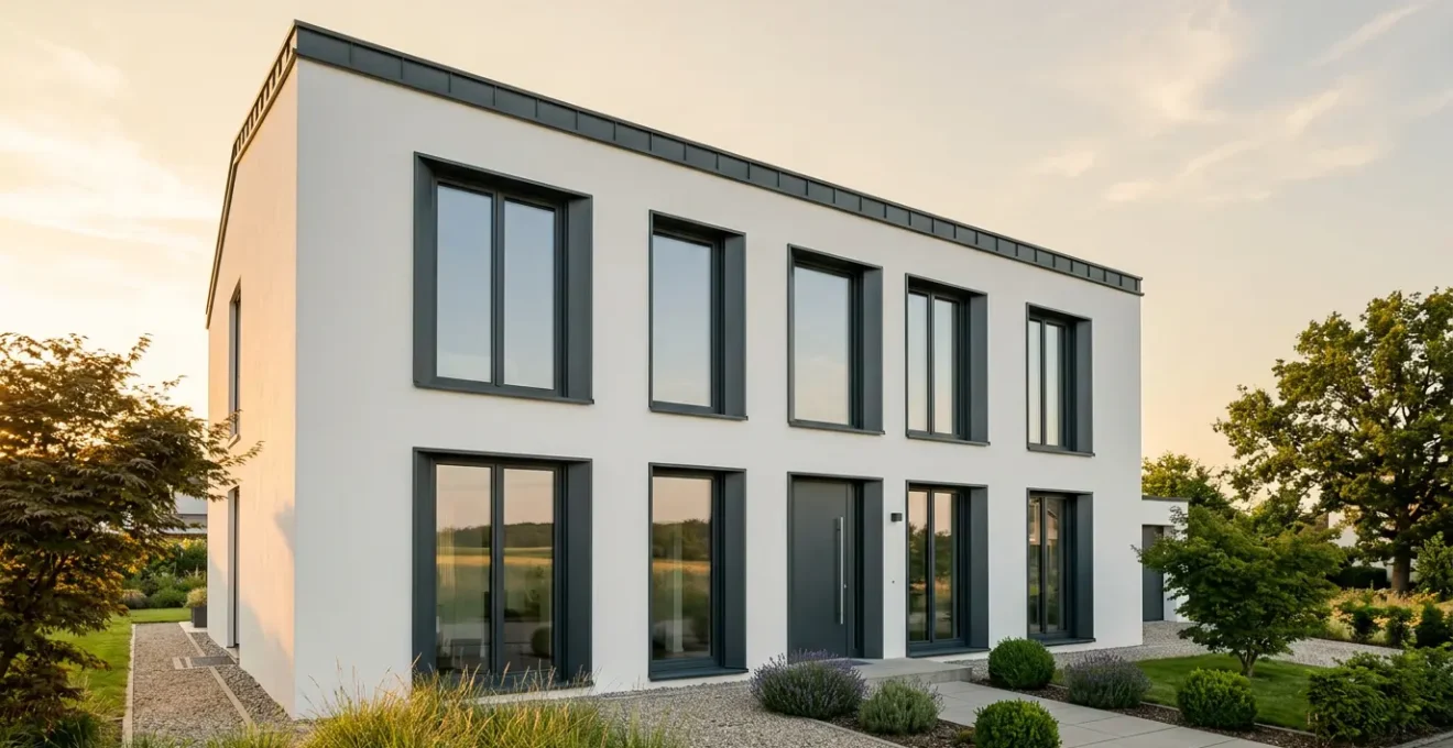 Façade de maison contemporaine avec menuiseries harmonisées en aluminium anthracite sur mur crépi clair