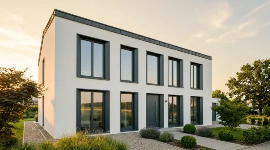 Façade de maison contemporaine avec menuiseries harmonisées en aluminium anthracite sur mur crépi clair