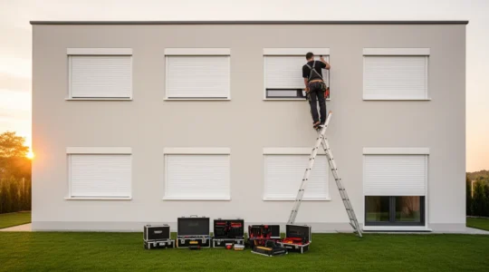 Installation de volets roulants électriques PVC sur une maison moderne avec ouvrier professionnel