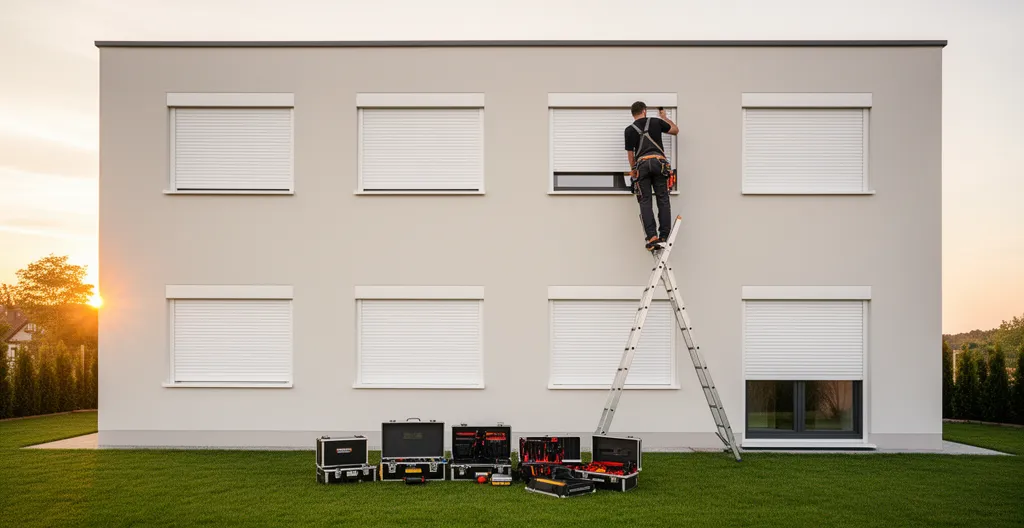 Installation de volets roulants électriques PVC sur une maison moderne avec ouvrier professionnel