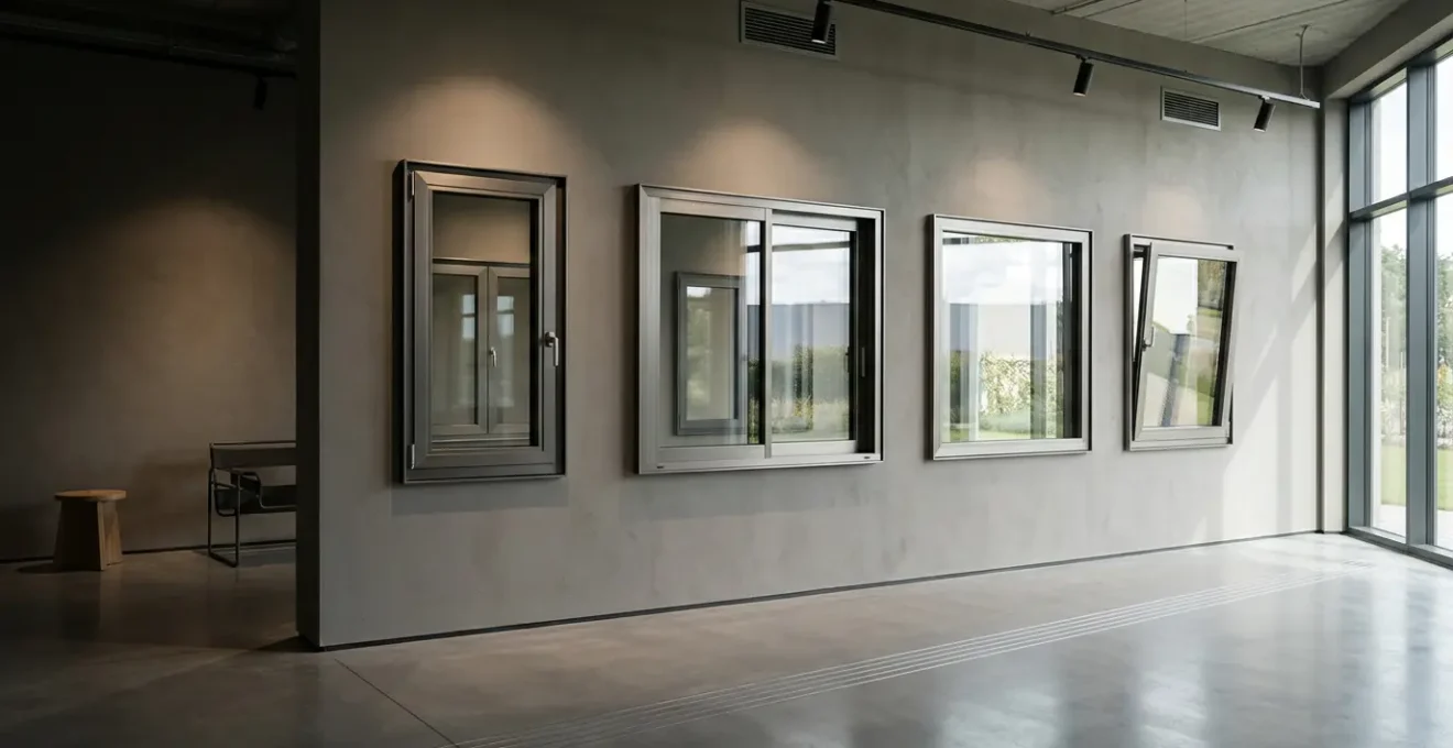 Vue d'ensemble d'un showroom de menuiseries avec éclairage rasant mettant en valeur les profilés