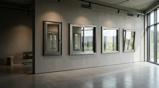 Vue d'ensemble d'un showroom de menuiseries avec éclairage rasant mettant en valeur les profilés