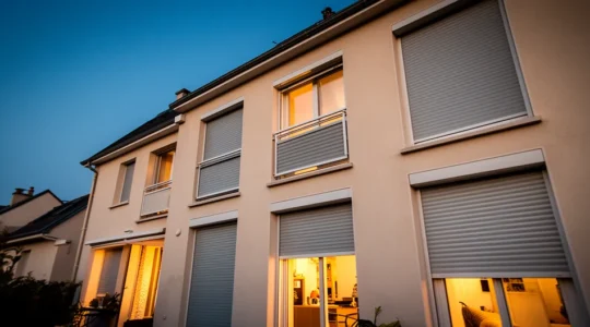Vue extérieure d'une maison avec volets motorisés s'ouvrant et se fermant automatiquement au crépuscule