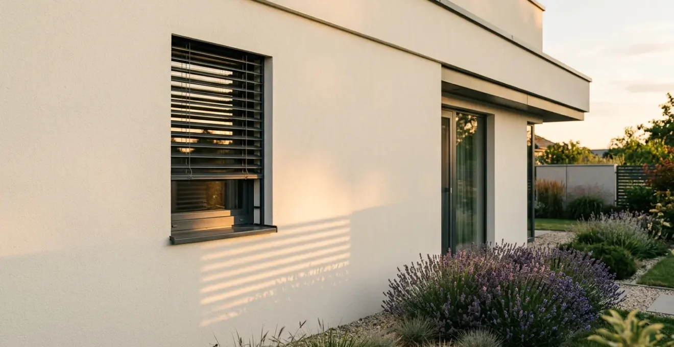 Store vénitien extérieur installé sur une petite fenêtre d'une façade moderne avec lames orientées filtrant la lumière