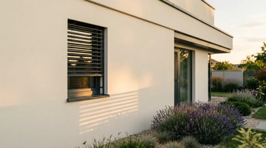 Store vénitien extérieur installé sur une petite fenêtre d'une façade moderne avec lames orientées filtrant la lumière