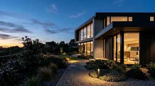 Vue d'ensemble d'une maison moderne protégée par un système d'alarme complet avec détection périmétrique visible