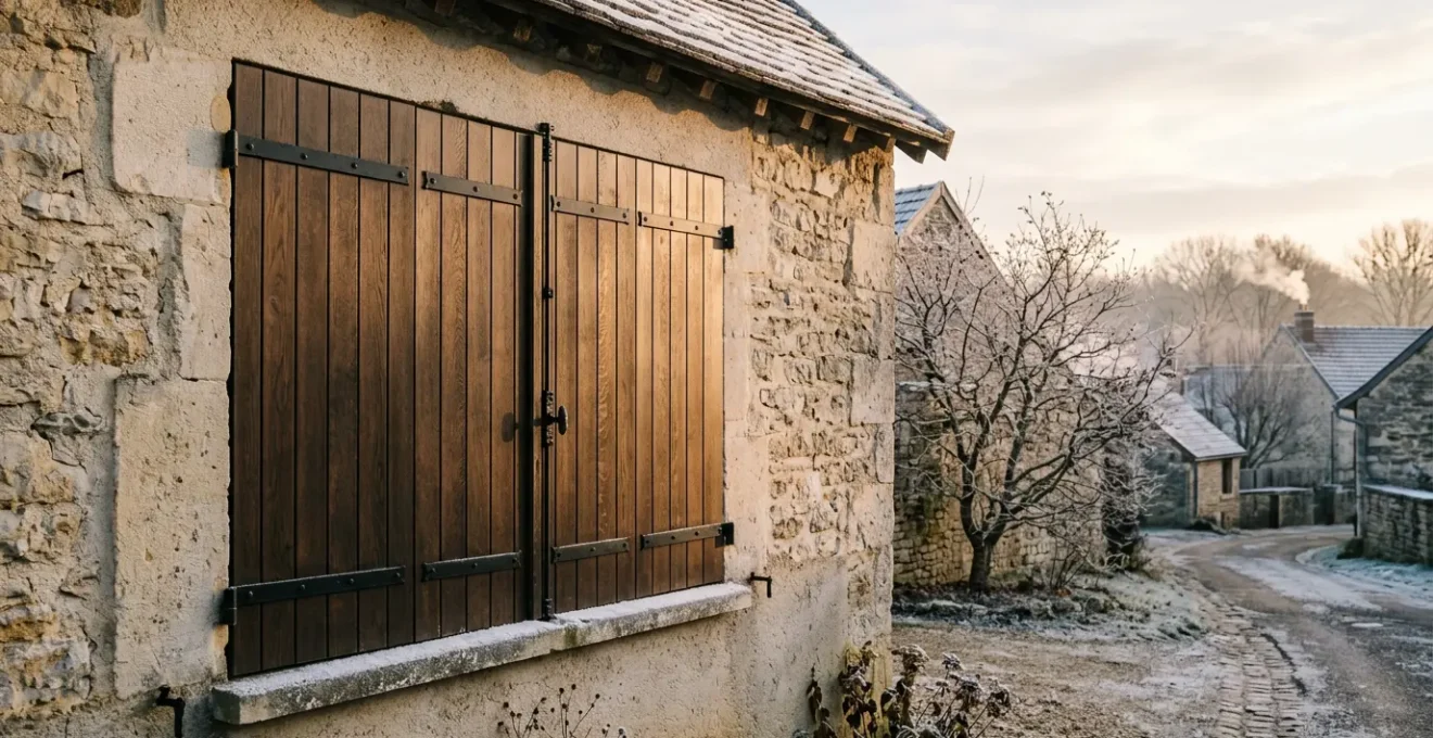 Façade de maison avec volets battants isolés fermés en hiver, montrant la protection thermique