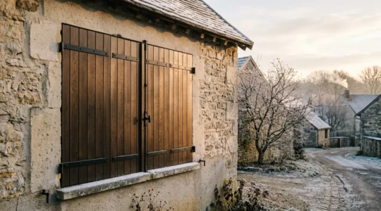 Façade de maison avec volets battants isolés fermés en hiver, montrant la protection thermique