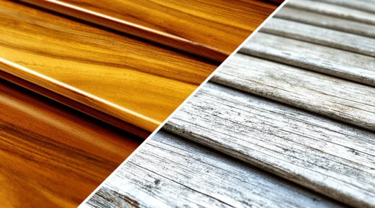 Volet en bois exotique avec comparaison côte à côte d'une partie entretenue dorée et d'une partie grisaillée