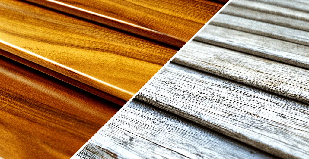 Volet en bois exotique avec comparaison côte à côte d'une partie entretenue dorée et d'une partie grisaillée