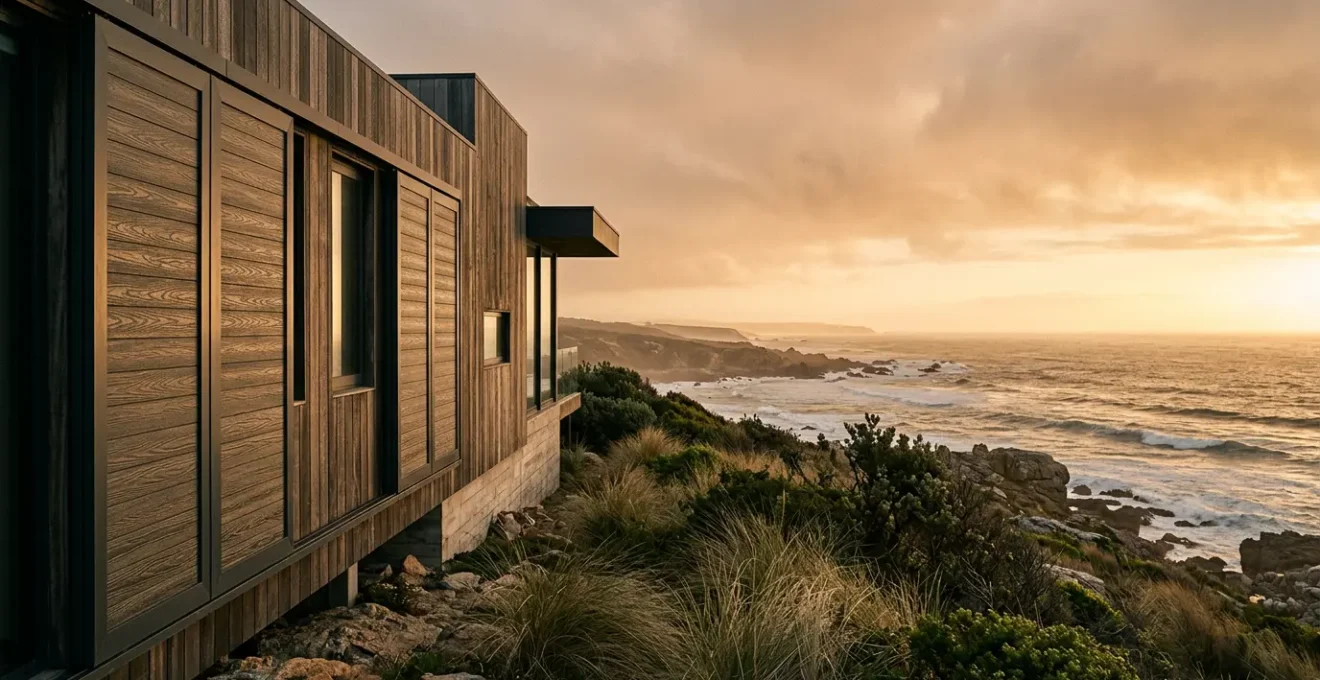 Volets en composite fibre de verre résistants sur une maison exposée aux intempéries