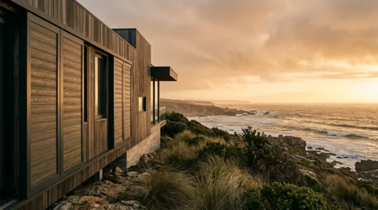 Volets en composite fibre de verre résistants sur une maison exposée aux intempéries