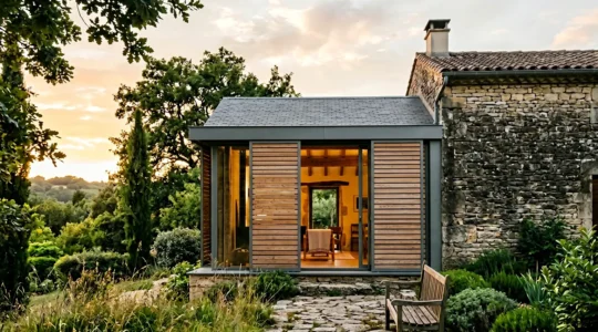 Volets coulissants modernes intégrés sur une façade rénovée avec contraste bois et aluminium