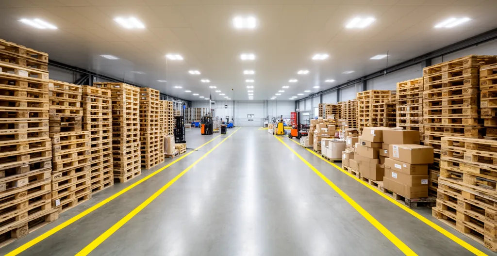 Zone de passage avec marquage au sol dans entrepôt logistique actif