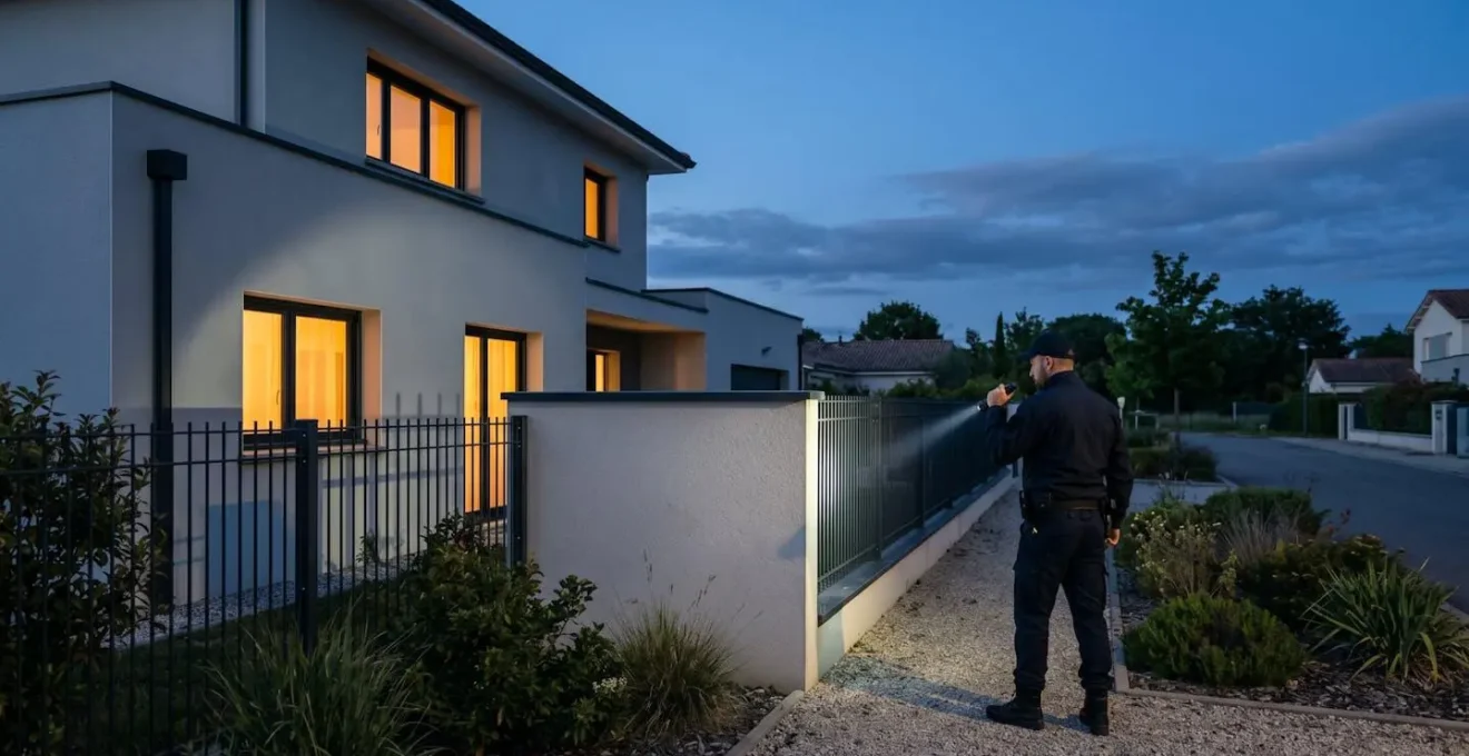 Agent de sécurité effectuant une ronde extérieure d'une propriété au crépuscule.
