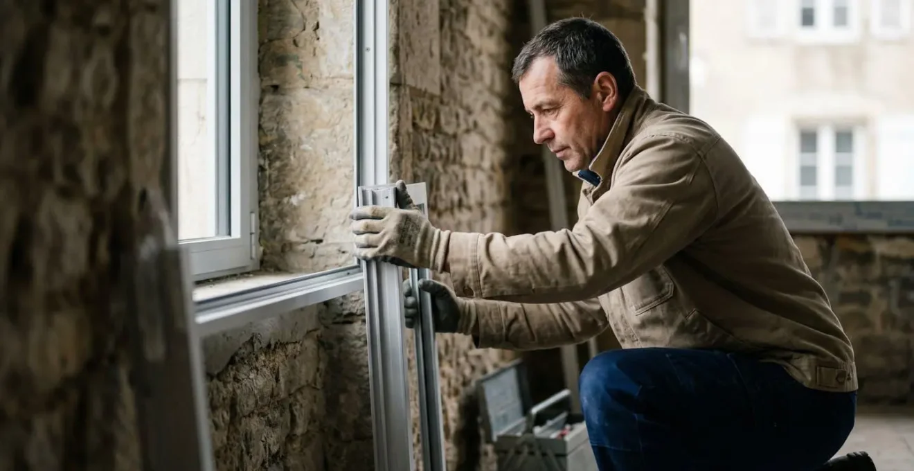 Artisan installant un précadre aluminium avec niveau laser et perceuse professionnelle