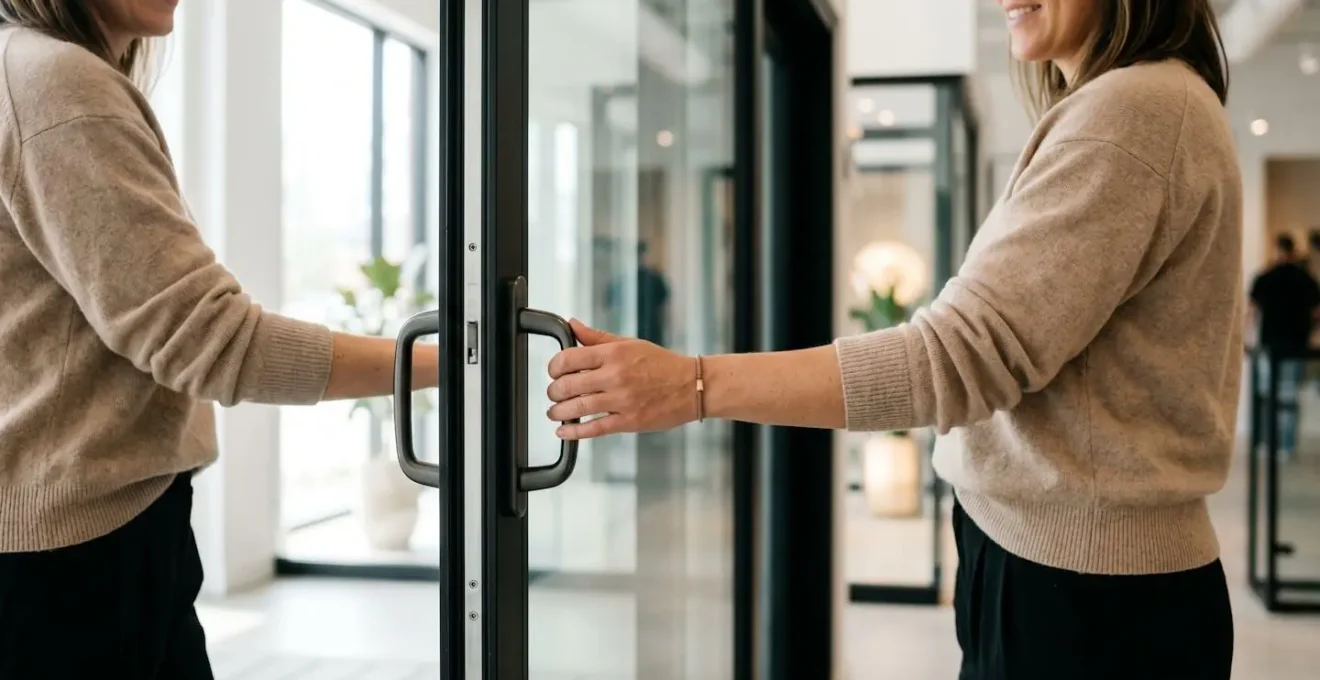 Démonstration de l'ergonomie d'une baie coulissante à levage dans un showroom