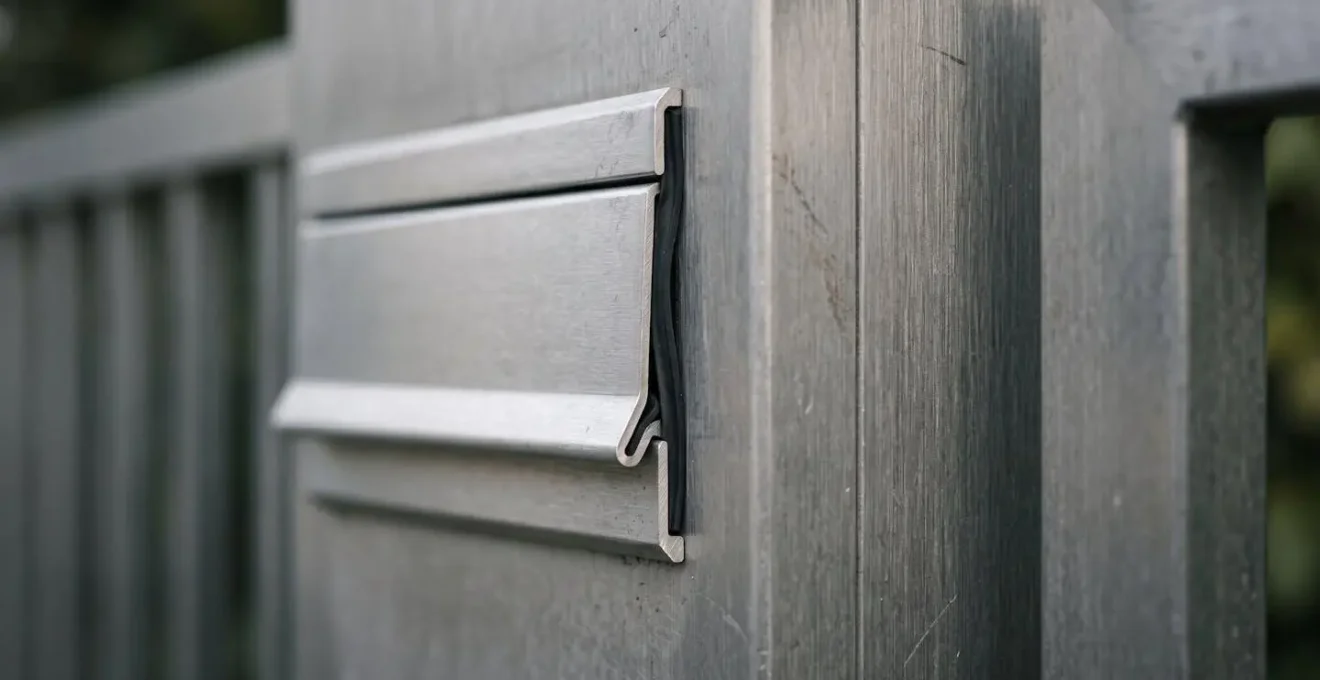 Détail d'une boîte aux lettres encastrée dans un pilier en aluminium avec finition anti-corrosion
