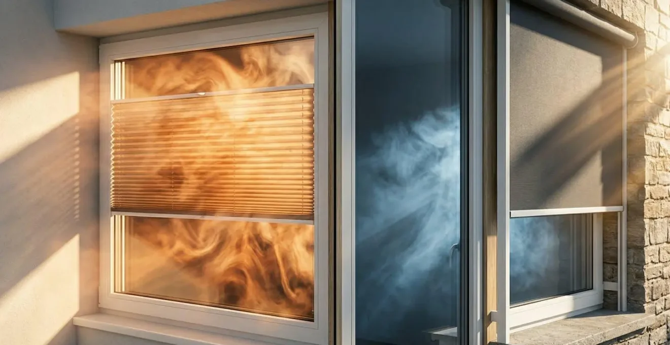 Démonstration visuelle de l'effet radiateur d'un store intérieur versus protection extérieure
