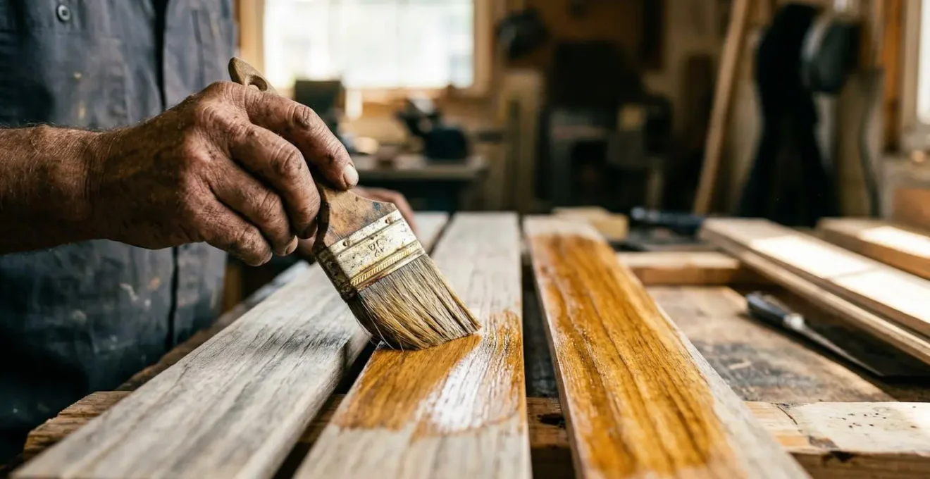 Application d'un saturateur sur volet en bois exotique avec pinceau, montrant la pénétration dans le bois