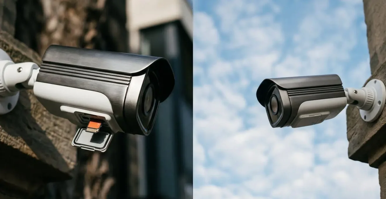 Gros plan sur une caméra de surveillance avec carte SD visible et symbole de cloud en arrière-plan