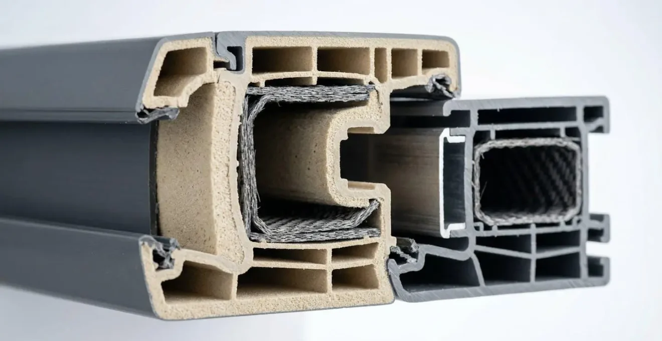 Vue en coupe détaillée d'un profilé de menuiserie composite montrant la structure interne