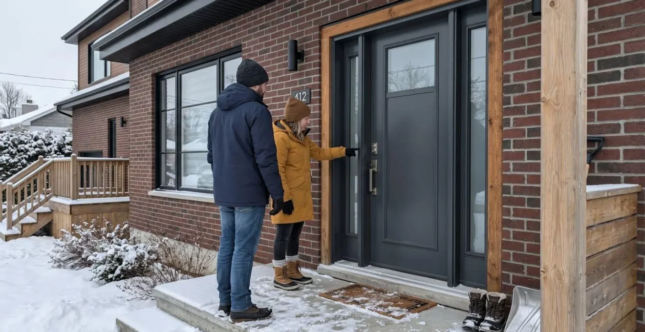 Un couple vu de dos examine une porte d'entrée en acier devant une maison résidentielle québécoise en hiver, avec de la neige sur le perron