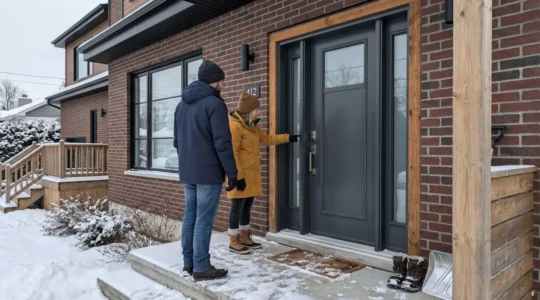 Un couple vu de dos examine une porte d'entrée en acier devant une maison résidentielle québécoise en hiver, avec de la neige sur le perron